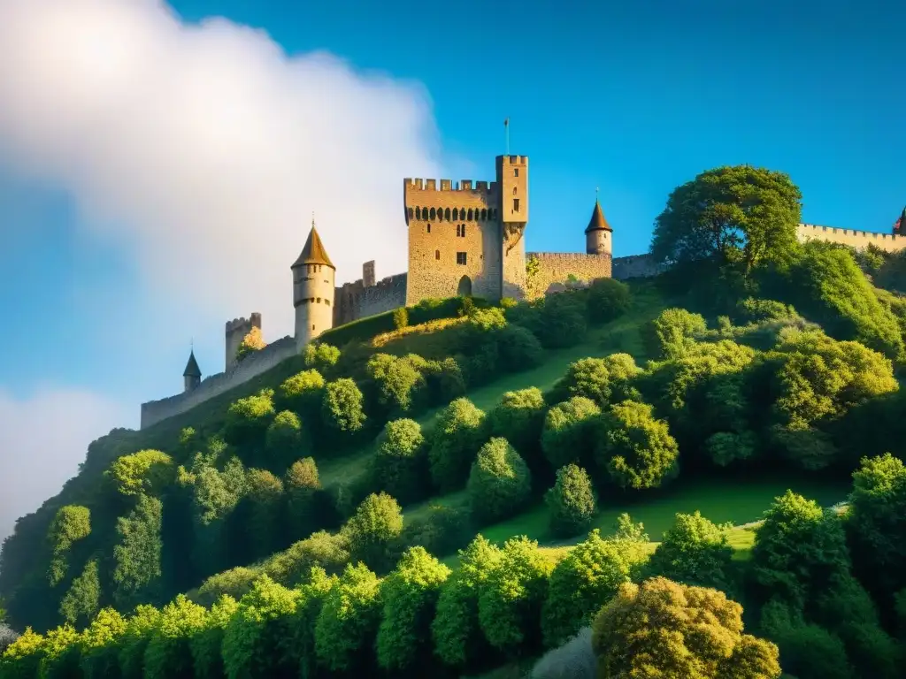 Castillo medieval: majestuosidad en la naturaleza Castillo medieval imponente en colina, resaltando detalles arquitectónicos bajo el sol, rodeado de vegetación exuberante y cielo azul claro