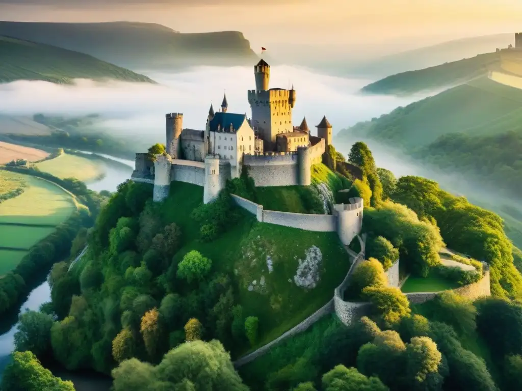 Castillo medieval: historia y evolución en un paisaje majestuoso Castillo medieval imponente en colina, rodeado de naturaleza exuberante y río