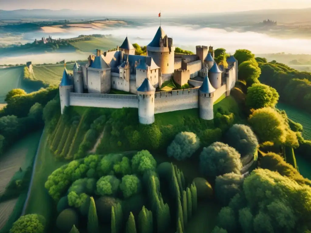 Un castillo medieval con influencias de criaturas míticas, bañado por la cálida luz del atardecer, rodeado de exuberante vegetación