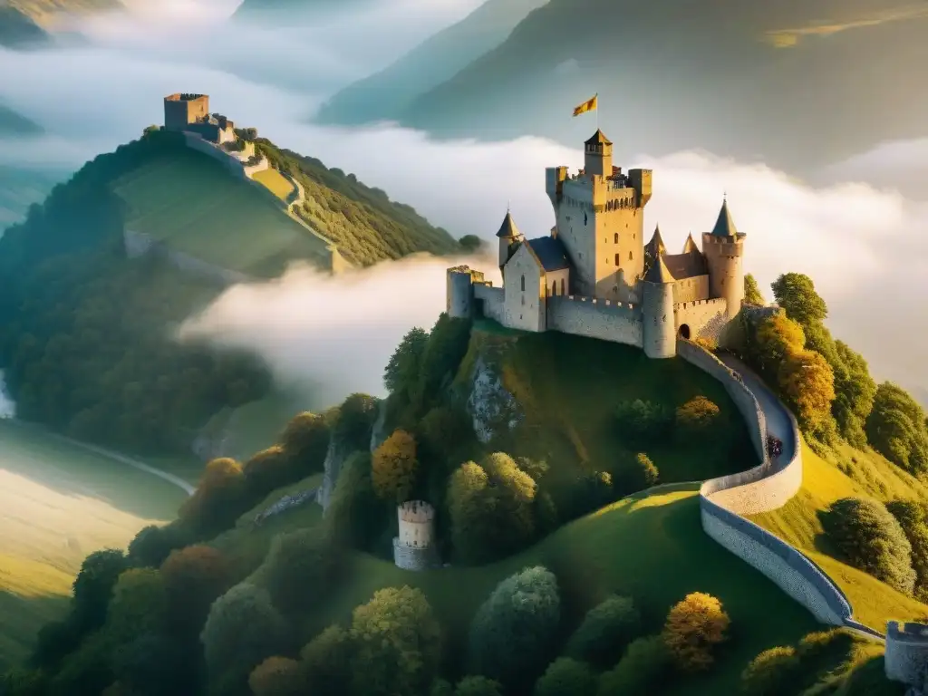 Un castillo medieval majestuoso en un acantilado, rodeado de murallas y torres, ondeando banderas al atardecer