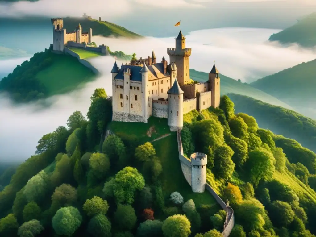 Un castillo medieval majestuoso en un acantilado, con muros de piedra envejecidos, torres y una importancia estratégica en la monarquía