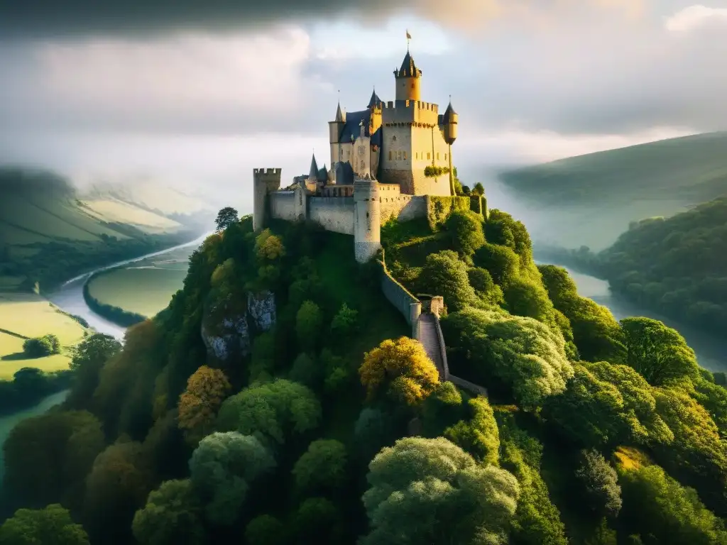 Castillo medieval en acantilado: belleza y misterio Un castillo medieval majestuoso en un acantilado, rodeado de bosques y ríos, bajo la luz dorada entre nubes de tormenta