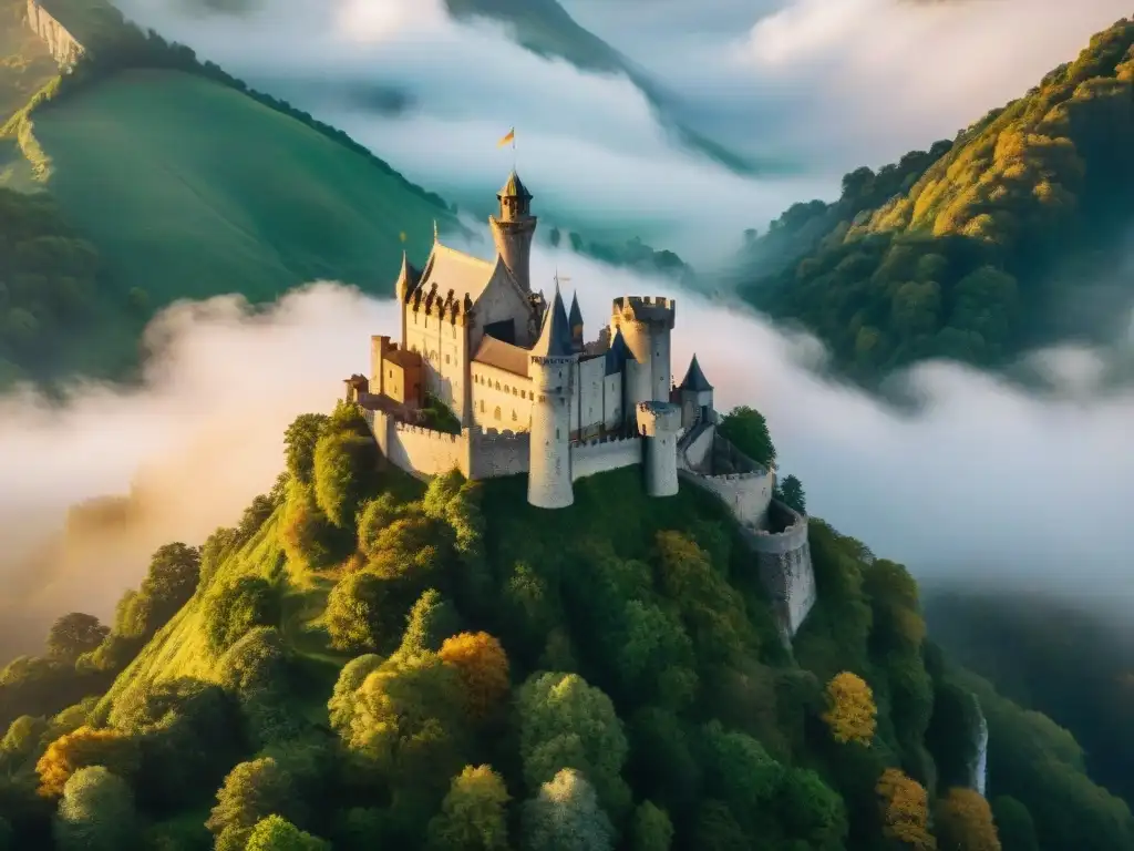 Un castillo medieval majestuoso en un acantilado rocoso, rodeado de bosques verdes con neblina misteriosa