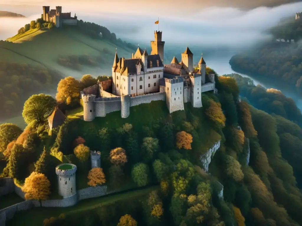Castillo medieval en acantilado: misterio y historia Un castillo medieval majestuoso en un acantilado, rodeado de bosques y ríos, bañado por la cálida luz dorada del atardecer