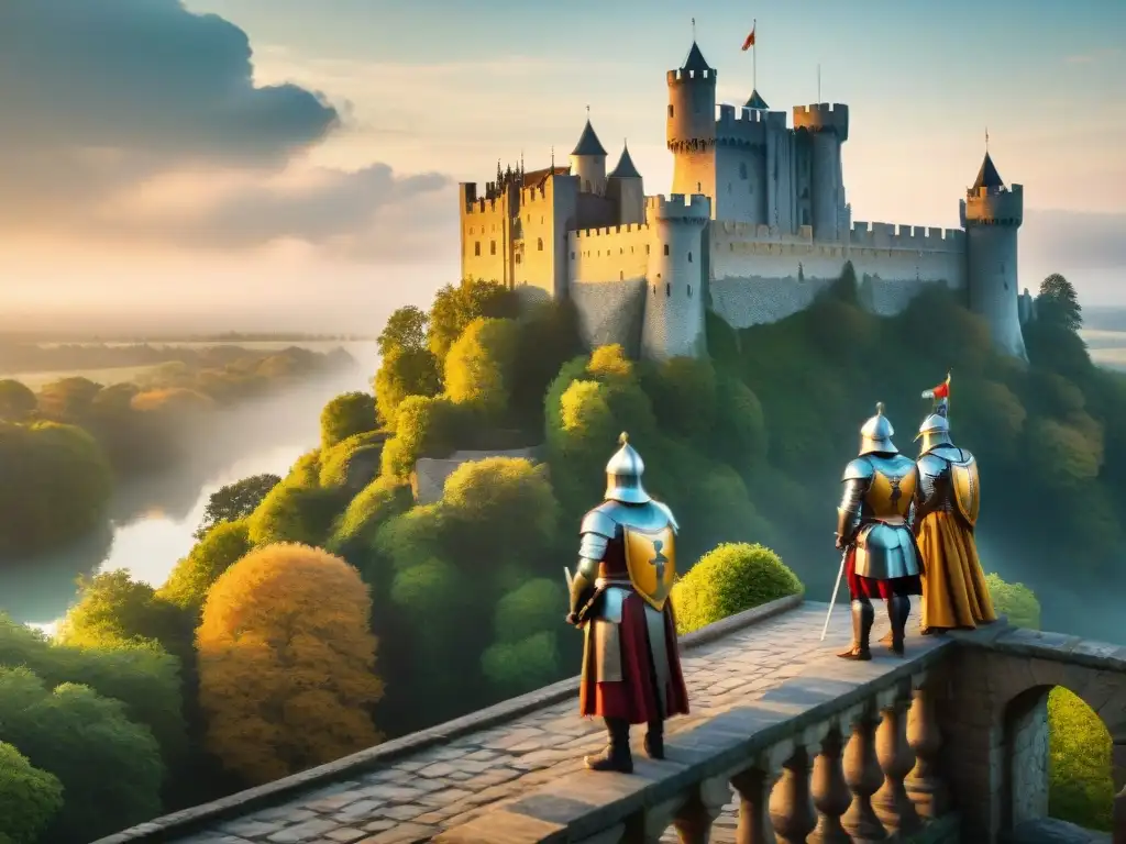 Castillo medieval en atardecer épico con caballeros y princesas Un castillo medieval majestuoso en un atardecer pintoresco, rodeado de naturaleza exuberante y caballeros en armadura brillante