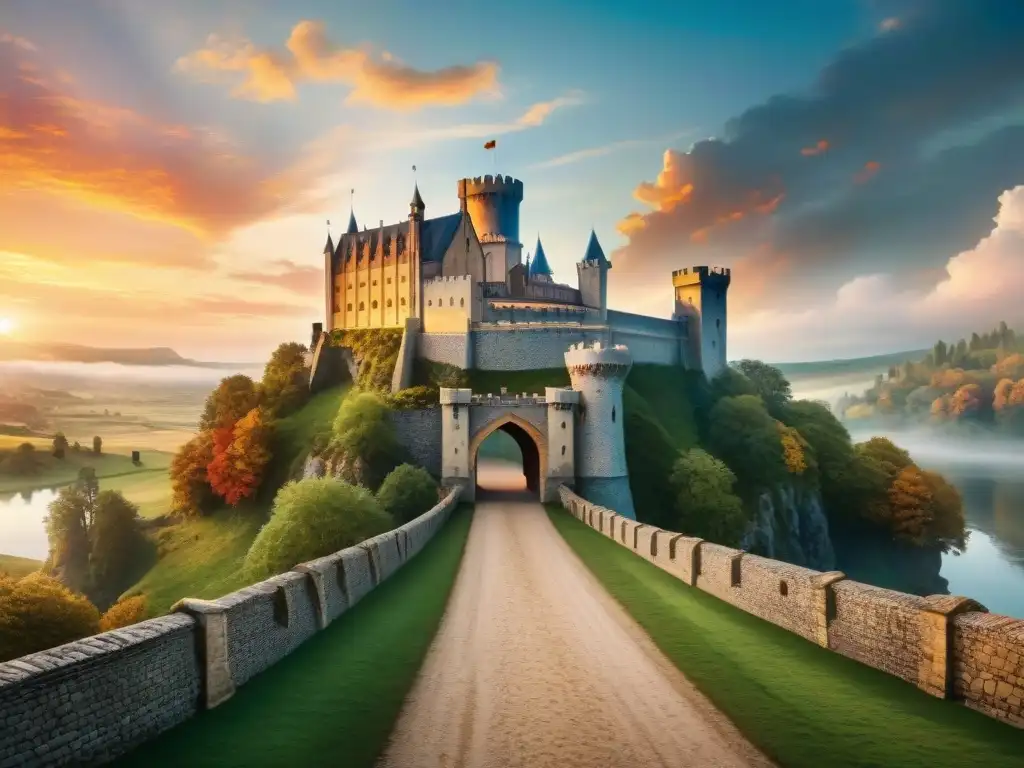 Castillo medieval al atardecer: caballeros y fantasía Un castillo medieval majestuoso al atardecer con caballeros y banderas ondeando