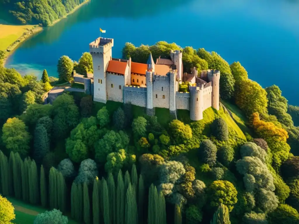 Castillo medieval entre bosques verdes y lago sereno Un castillo medieval majestuoso entre bosques verdes, bañado por la luz dorada del sol, junto a un lago sereno y prados floridos