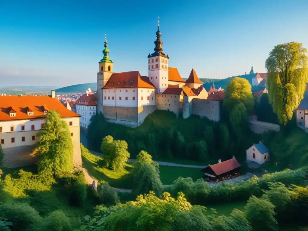 Castillo Český Krumlov: majestuosidad medieval entre verdor y cielo azul Castillo Český Krumlov historia medieval: Majestuoso castillo rodeado de vegetación, bajo cielo azul, con turistas en trajes de época