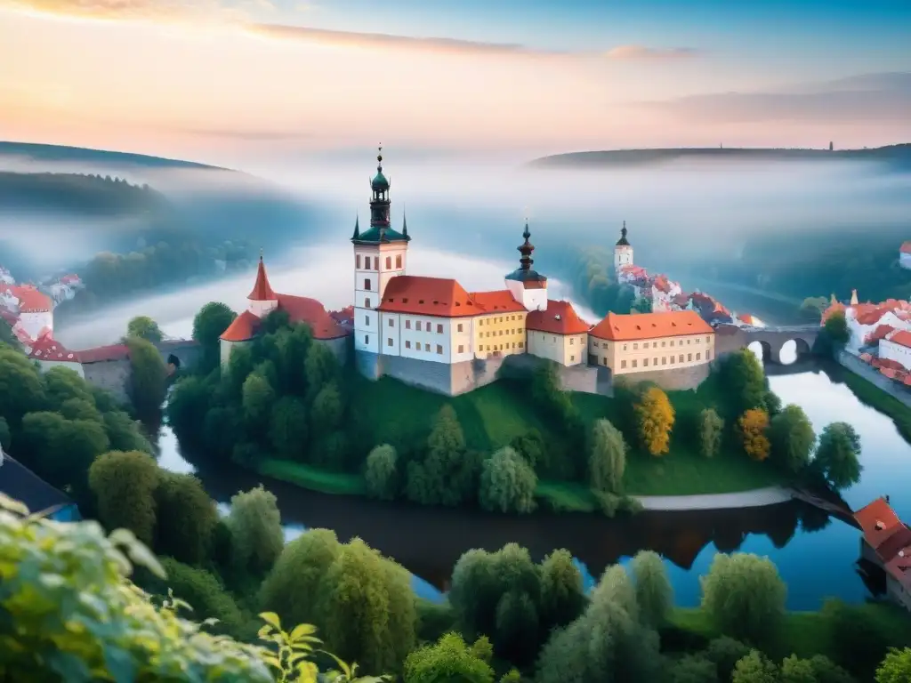 Castillo de Český Krumlov al amanecer: arquitectura gótica y naturaleza exuberante Castillo Český Krumlov historia medieval: Majestuoso castillo gótico al amanecer, rodeado de exuberante vegetación y el río Vltava