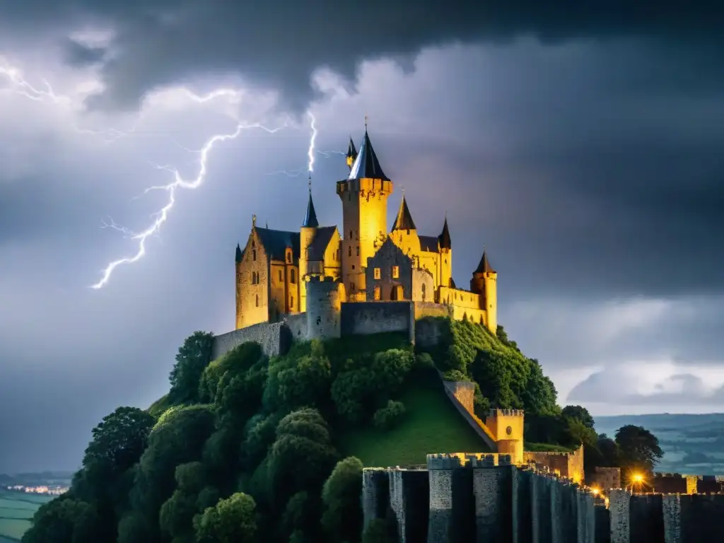 Castillo medieval bajo tormenta: dramatismo y belleza Un castillo medieval majestuoso bajo un cielo tormentoso, iluminado por un rayo