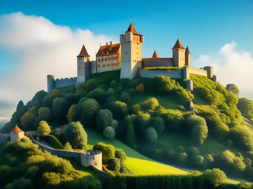 Negociación histórica en un castillo medieval Un castillo medieval majestuoso en una colina, rodeado de vegetación exuberante y un cielo azul claro