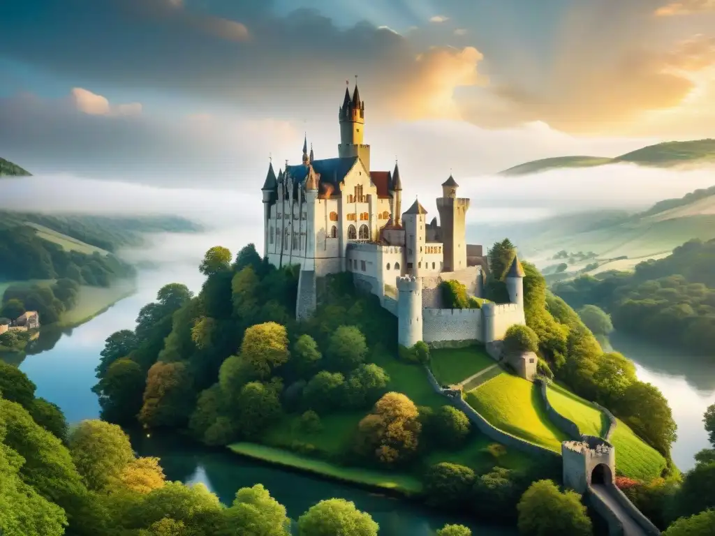 Castillo medieval: majestuosidad y encanto histórico en un paisaje idílico Un castillo medieval majestuoso en una colina verde rodeado de un foso cristalino