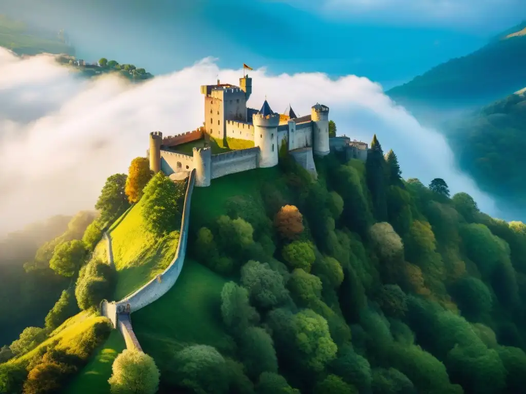 Castillo medieval: majestuosidad en lo alto Un castillo medieval majestuoso en una colina verde, rodeado de un foso con agua cristalina