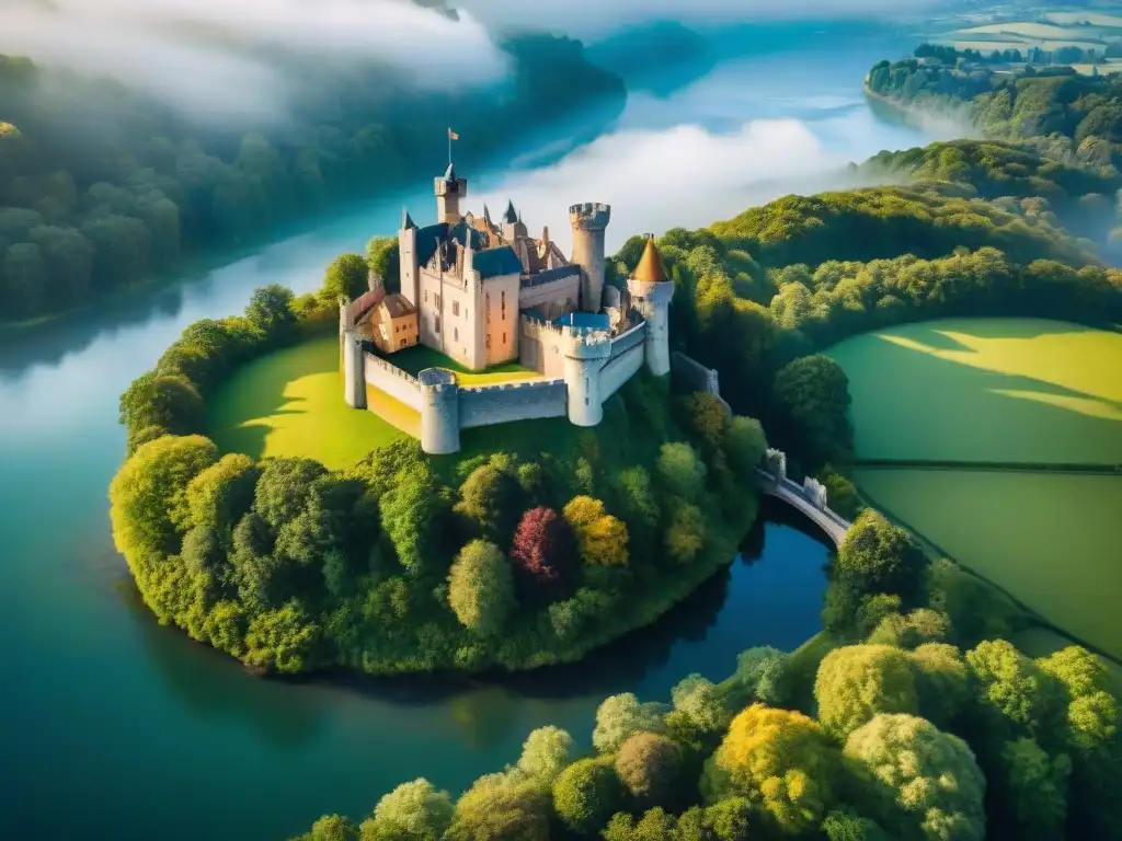 Castillo medieval: majestuosidad en la naturaleza Un castillo medieval majestuoso en una colina verde, rodeado de agua cristalina