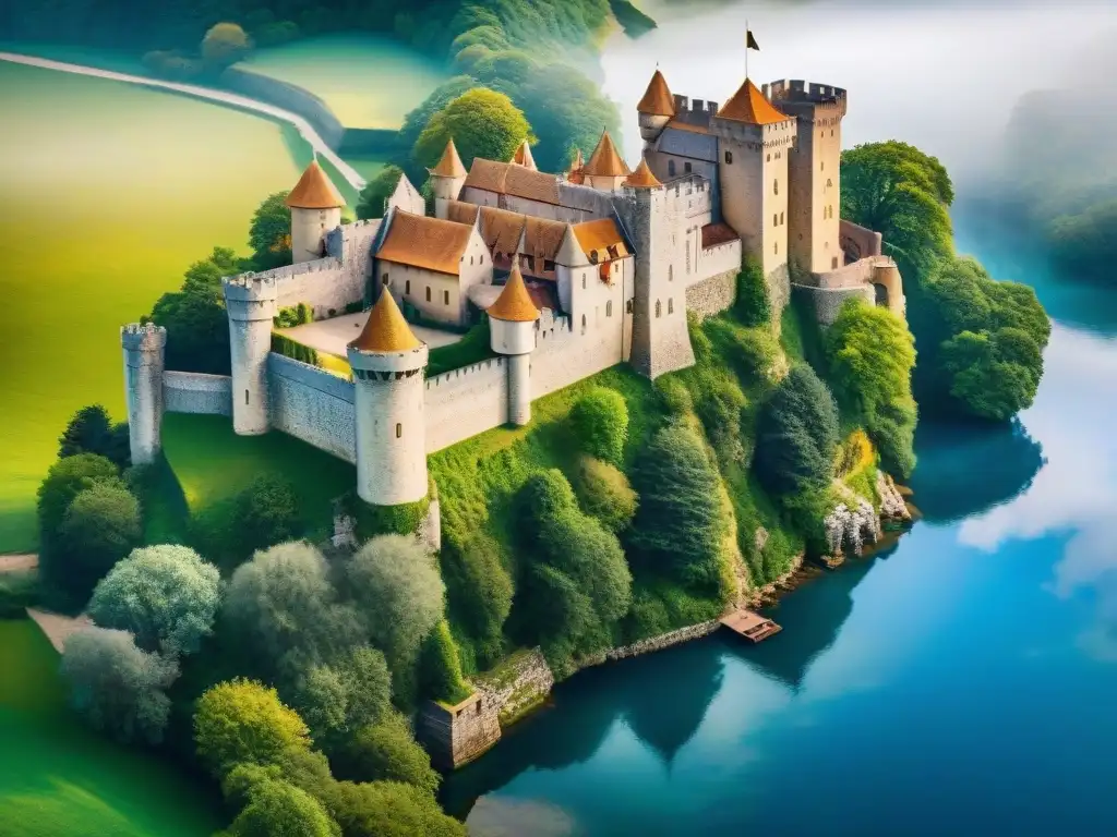 Castillo medieval: historia y esplendor en la colina verde Un castillo medieval majestuoso sobre una colina verde, rodeado de un foso brillante