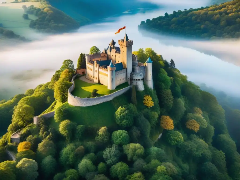Castillo medieval en colina verde: historia y naturaleza en armonía Un castillo medieval majestuoso en una colina verde, bañado por la luz dorada y certificaciones verdes castillos impacto