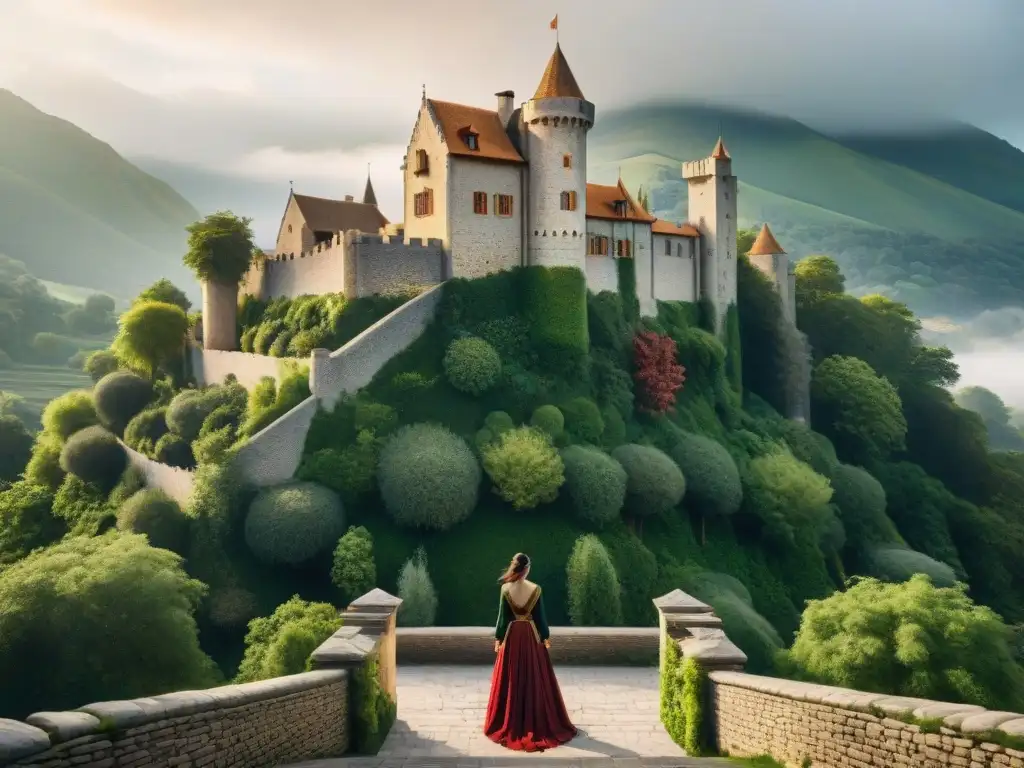 Castillo medieval ecoamigable en entorno natural exuberante Un castillo medieval majestuoso construido con materiales sostenibles en armonía con la naturaleza