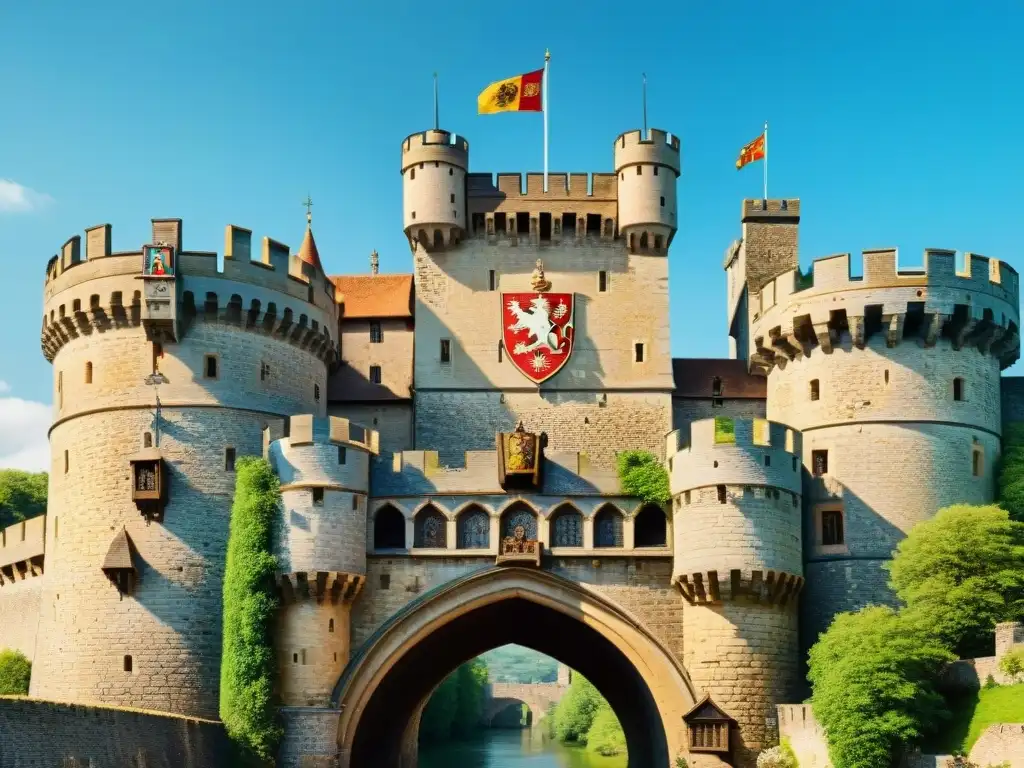 Castillo medieval majestuoso con escudos y caballeros Un castillo medieval majestuoso con heráldica en sus muros, guardianes y un paisaje verde exuberante