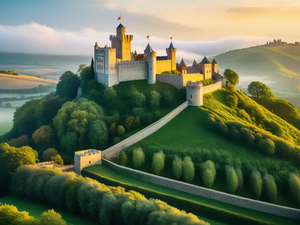 Un castillo medieval majestuoso iluminado por el sol poniente, con caballeros y estandartes