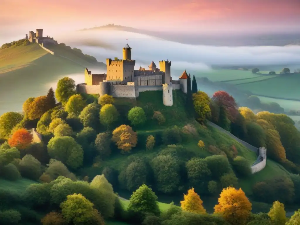 Castillo medieval al atardecer: una postal de ensueño Un castillo medieval majestuoso iluminado por la cálida luz dorada del atardecer, rodeado de una atmósfera mágica