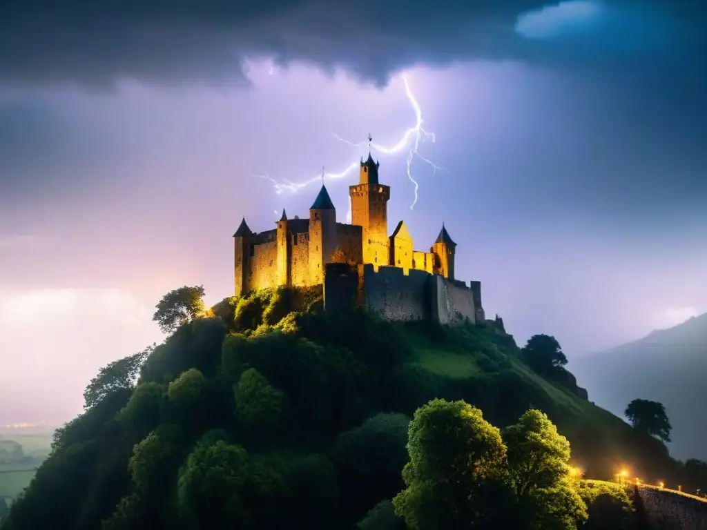 Castillo medieval bajo tormenta: misterio y poder Un castillo medieval majestuoso en medio de tormenta, resaltando su arquitectura con relámpagos
