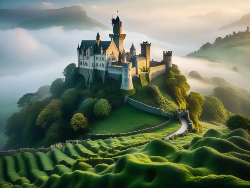 Castillo medieval en la niebla: misterio y encanto histórico Un castillo medieval majestuoso emerge entre la niebla mística, las gotas de rocío brillan en las piedras cubiertas de musgo