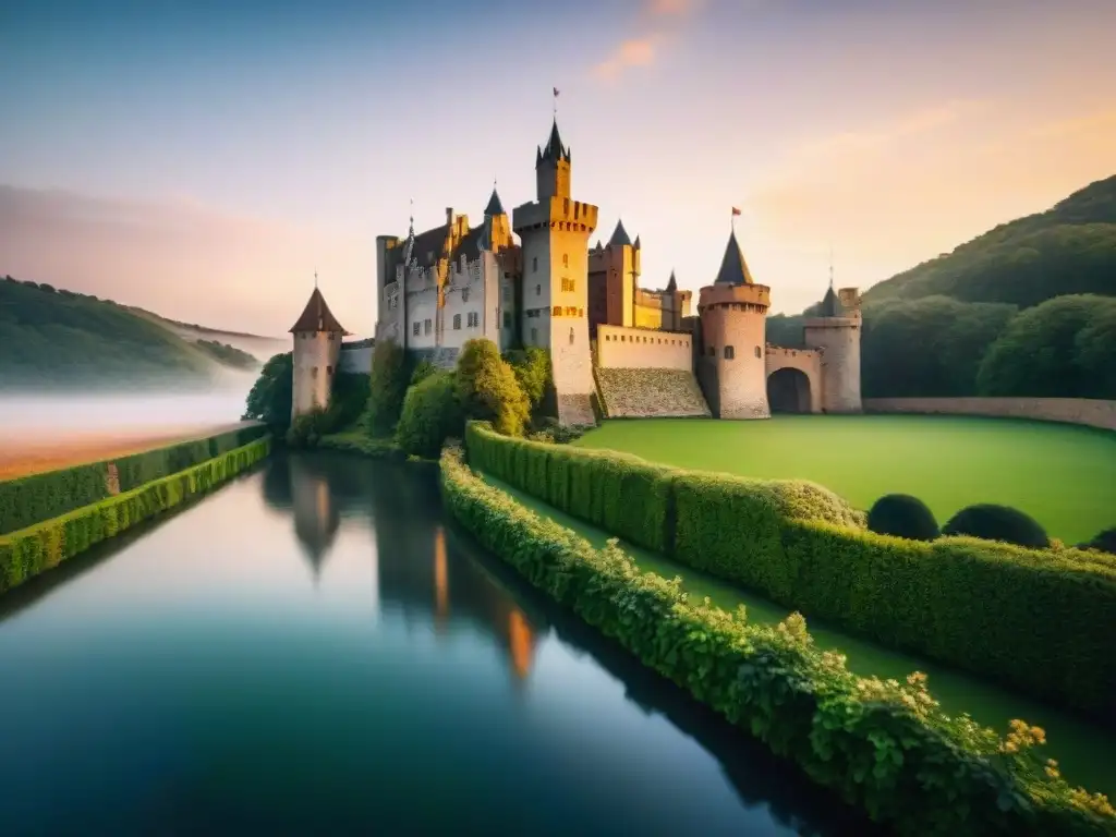 Un castillo medieval majestuoso se alza sobre un paisaje verde, con murallas de piedra, torres altas y un puente levadizo