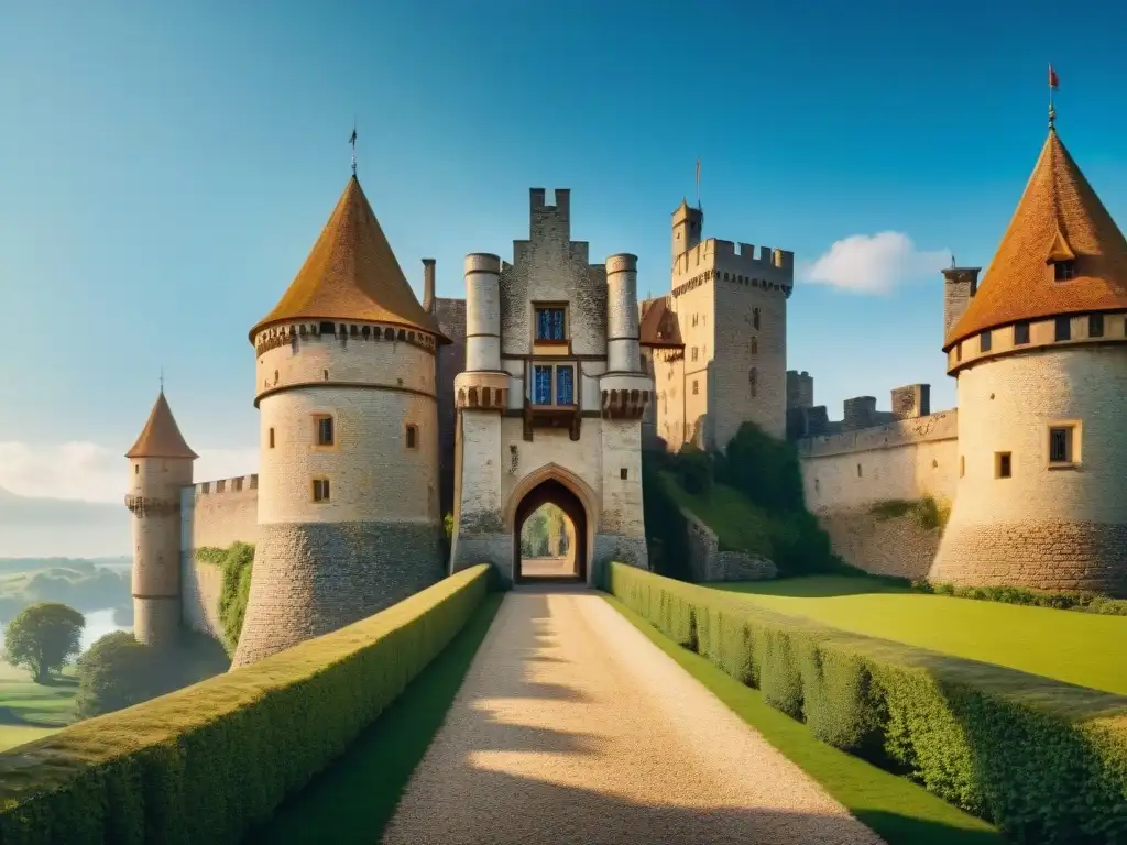Castillo medieval: majestuosidad y autenticidad en un paisaje verde Un castillo medieval majestuoso en un paisaje verde exuberante, con torres que alcanzan el cielo azul