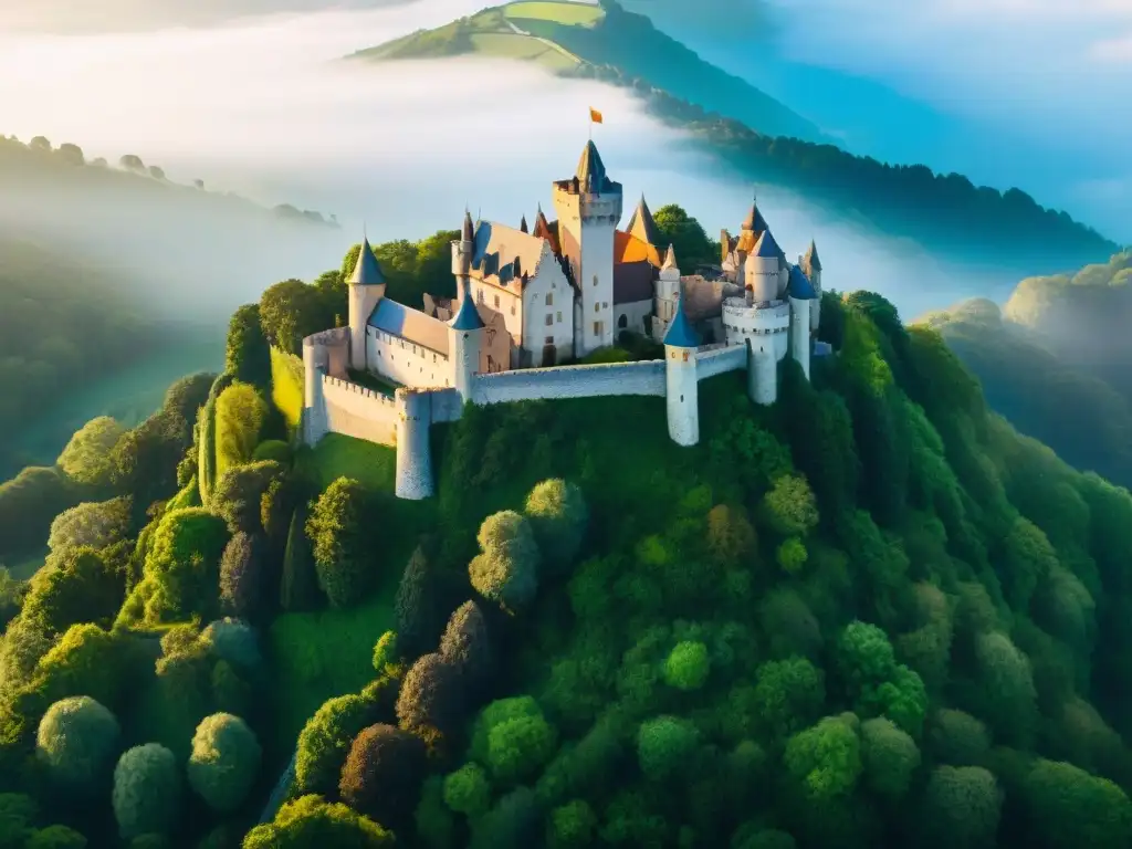 Castillo medieval con paneles solares: fusión histórica y eco amigable Un castillo medieval majestuoso, con paneles solares integrados, certificaciones verdes castillos protegidos