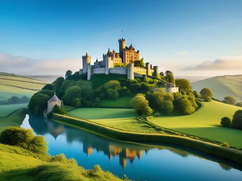 Castillo medieval: magia eterna entre la naturaleza Un castillo medieval majestuoso rodeado de naturaleza exuberante, con exploradores admirando su grandeza al atardecer