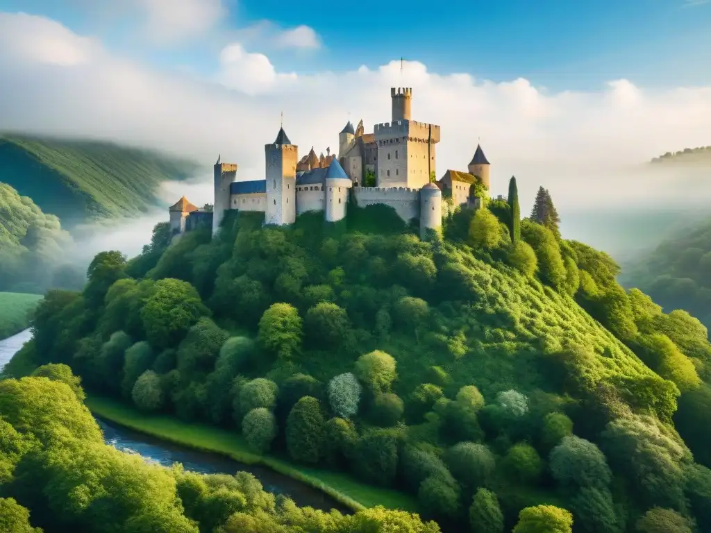 Castillo medieval rodeado de naturaleza exuberante Un castillo medieval majestuoso rodeado de naturaleza exuberante, destacando la sostenibilidad en castillos medievales
