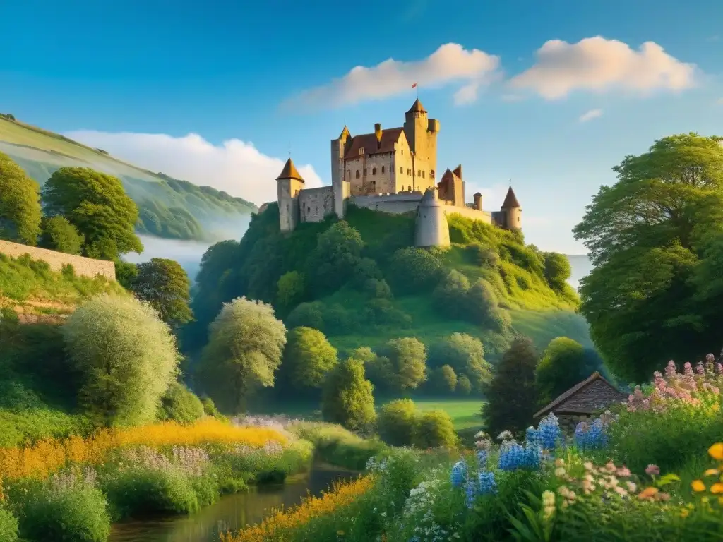 Un castillo medieval majestuoso en restauración ecológica, rodeado de exuberante vegetación y flores silvestres vibrantes bajo un cielo azul