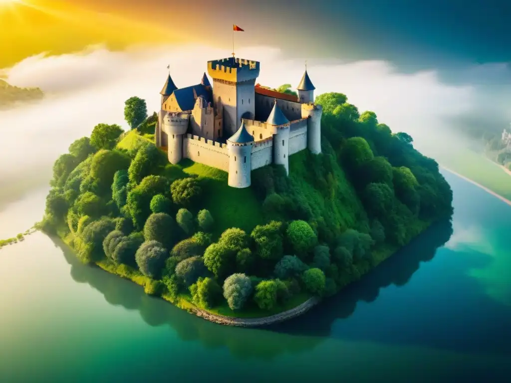 Castillo medieval verde: armonía entre historia y sostenibilidad Un castillo medieval majestuoso entre vegetación, con paneles solares integrados