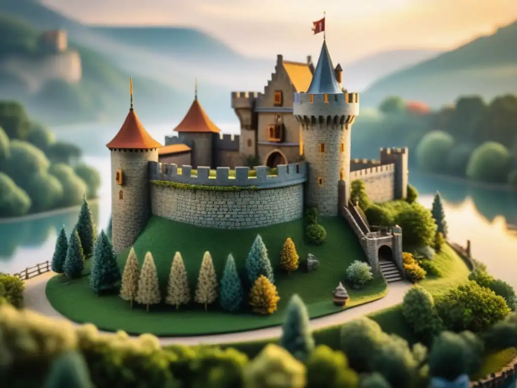Miniatura detallada: Castillo medieval en un oasis de naturaleza Un castillo medieval en miniatura detallado, rodeado de vegetación exuberante y un foso brillante