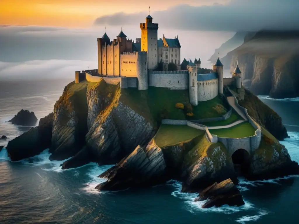 Majestuoso castillo medieval envuelto en niebla Un castillo medieval en la neblina, envuelto en misterio y suspense