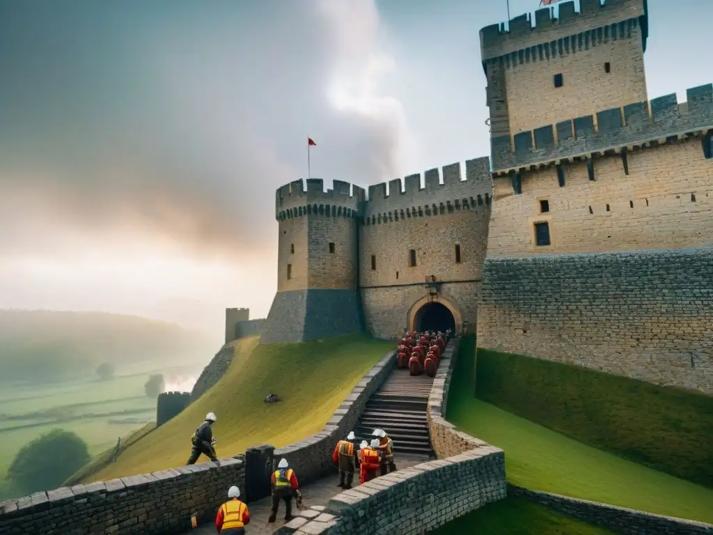 Renovación medieval: fortificación con cañones en un castillo Un castillo medieval en plena adaptación para defensa con artillería, con trabajadores y herreros ocupados