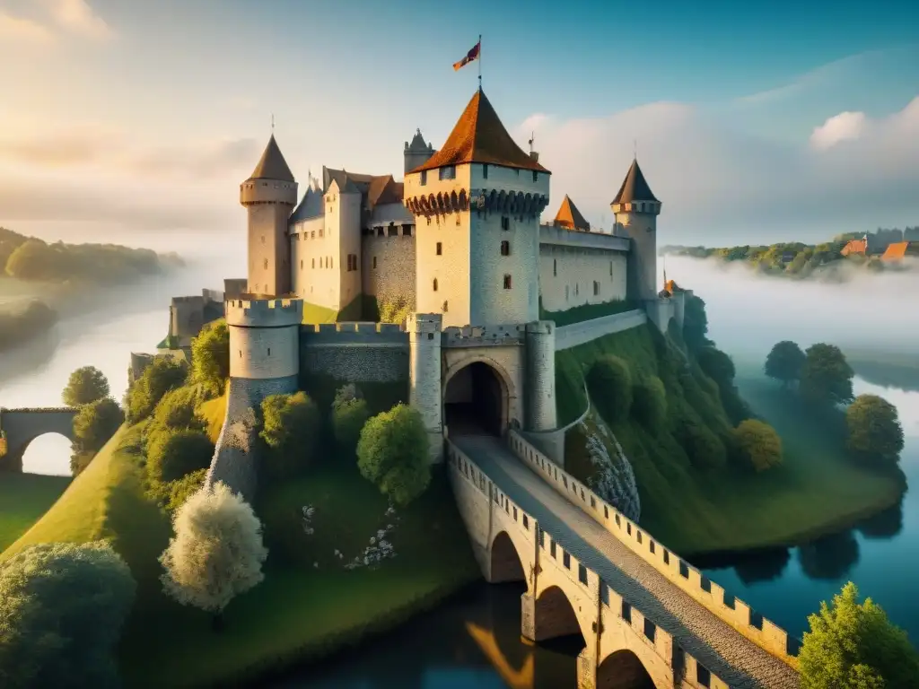 Un castillo medieval con puente levadizo sobre una fosa, destacando sus innovadoras tácticas defensivas