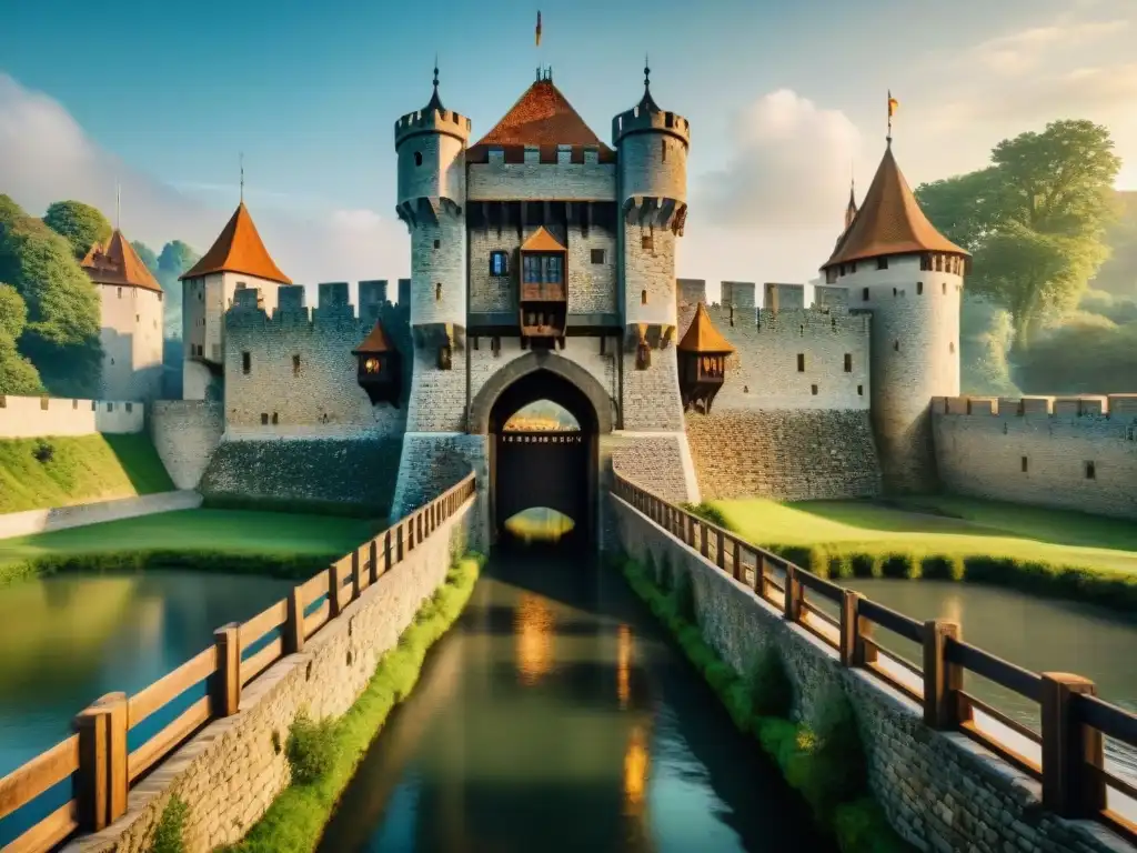 Un castillo medieval con puentes levadizos y fosas, muestra defensa y arquitectura innovadora