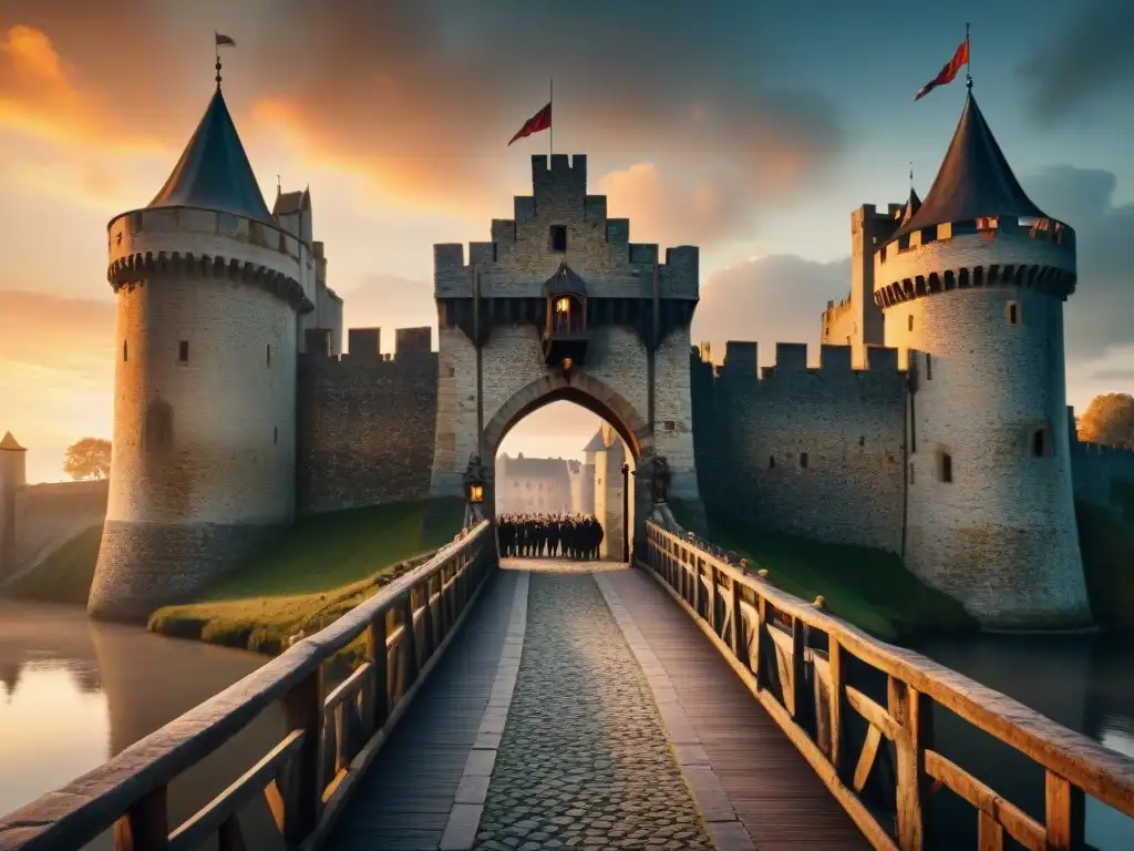 Castillo medieval con puentes levadizos, fosas y cielo dramático al atardecer