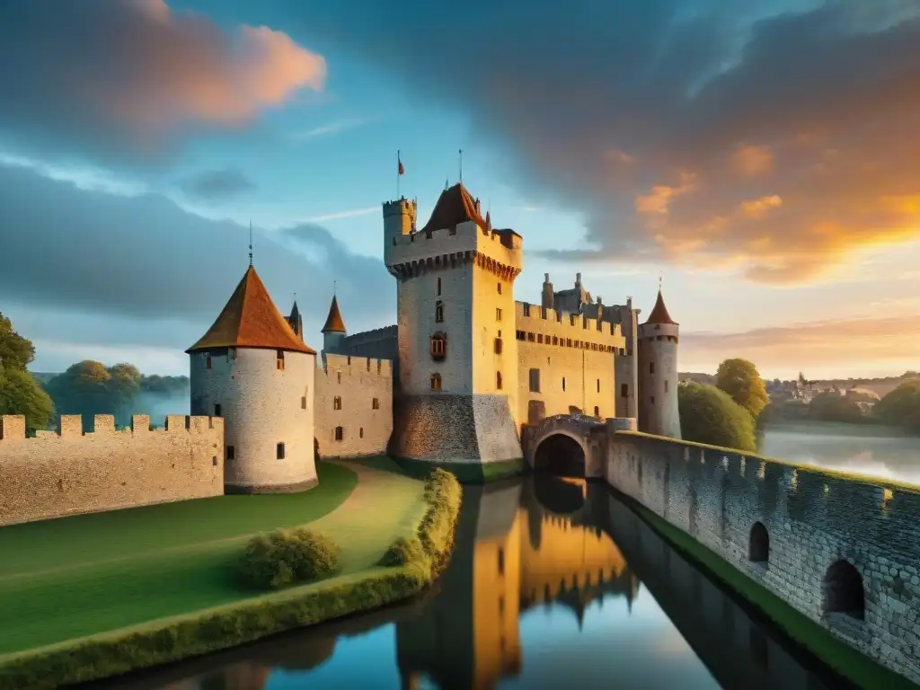 Un castillo medieval con puentes levadizos sobre fosas llenas de agua, rodeado de murallas y torres fortificadas al atardecer
