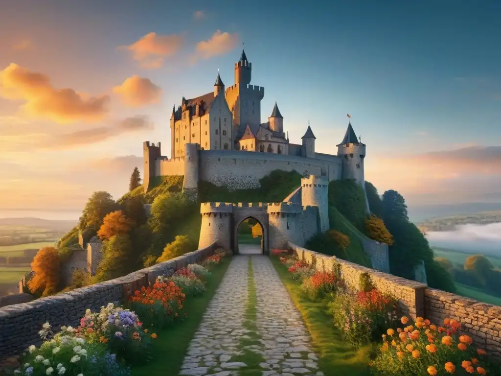 Castillo medieval al atardecer: belleza y grandiosidad histórica Castillo medieval en la puesta de sol con detalles arquitectónicos, rodeado de naturaleza