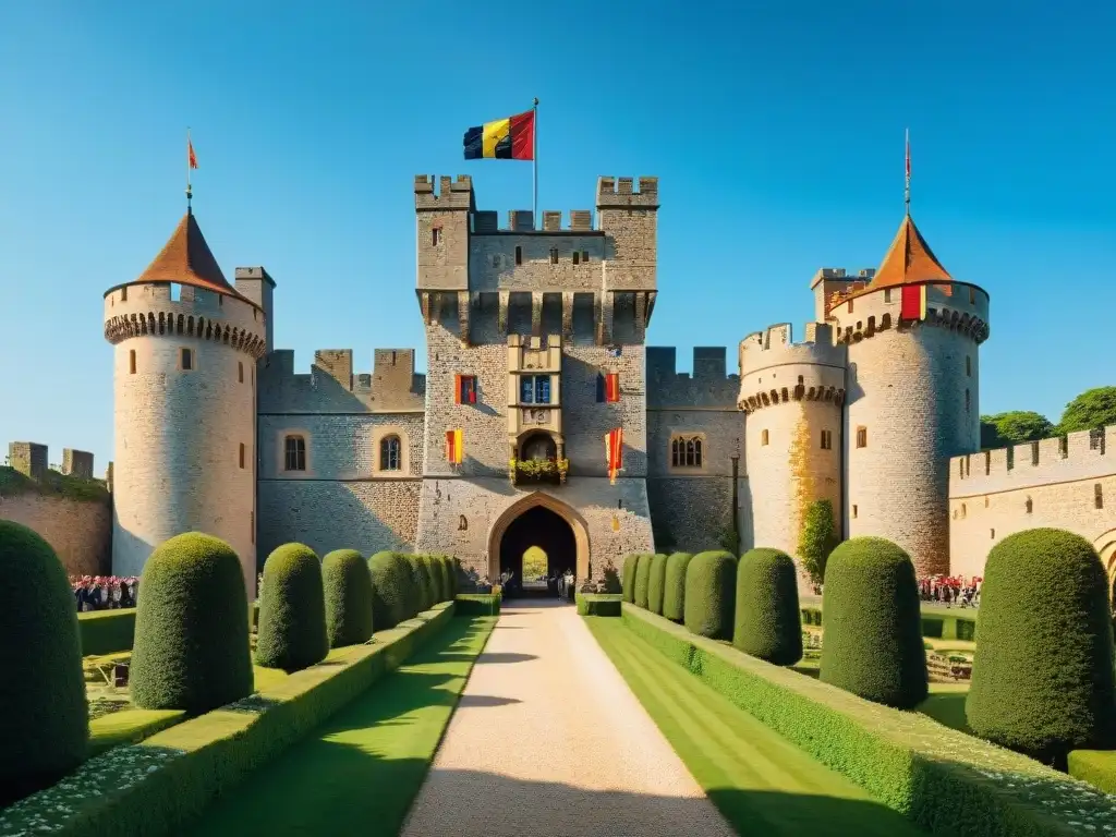 Castillo medieval restaurado: fusión de historia y comodidad moderna Un castillo medieval restaurado con comodidades modernas, rodeado de naturaleza exuberante y visitantes contemporáneos