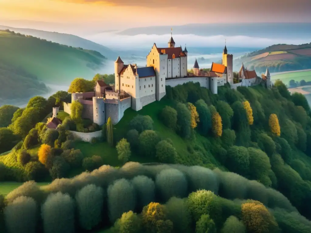 Castillo medieval restaurado en armonía con la naturaleza Castillo medieval restaurado con sostenibilidad: paneles solares, jardines verdes, y bosque vibrante alrededor