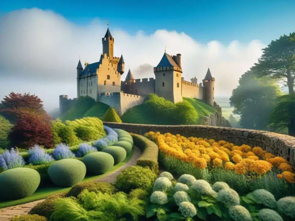 Castillo medieval: historia, naturaleza y sostenibilidad Un castillo medieval restaurado con un jardín sostenible y banderas coloridas ondeando bajo un cielo azul