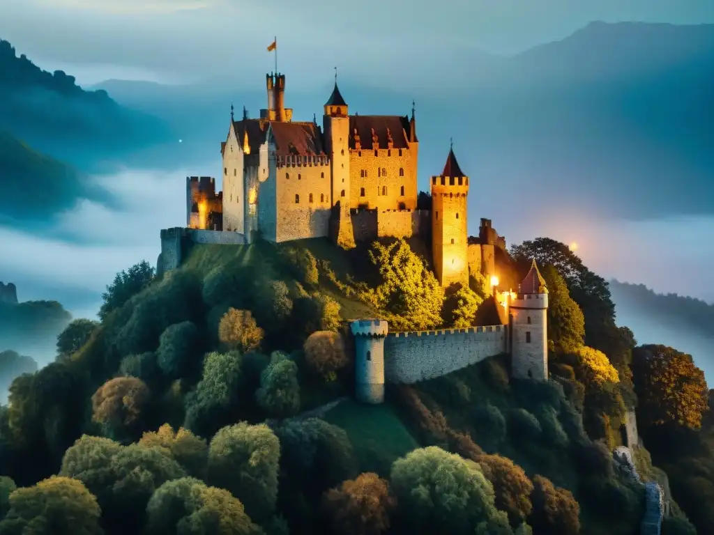 Castillo medieval iluminado por antorchas en la noche estrellada Un castillo medieval rodeado de bosque bajo un cielo estrellado con antorchas iluminando sus torres y una mazmorra enigmática