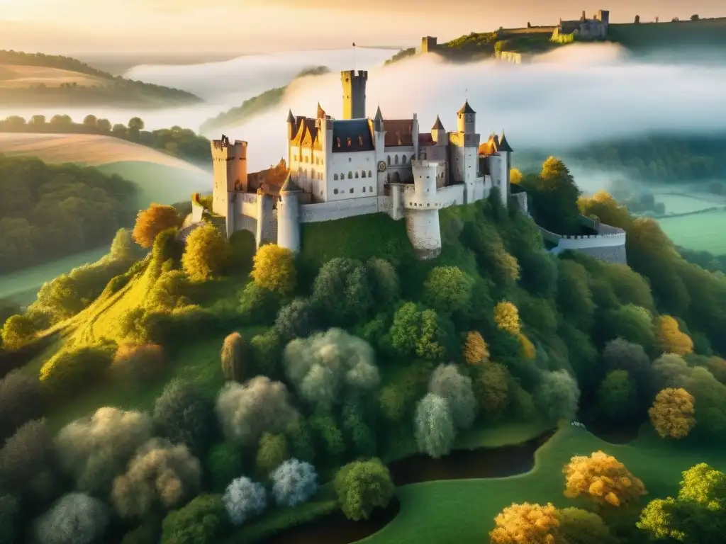 Castillo medieval en un bosque encantado: caballeros y río dorado Un castillo medieval rodeado de bosques verdes, con un río serpenteante y caballeros montando hacia él al atardecer