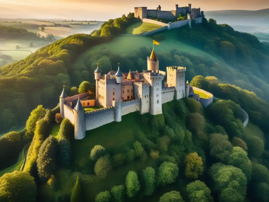 Castillo medieval en la atardecer dorada rodeado de naturaleza exuberante Castillo medieval rodeado de bosques verdes, con el sol poniéndose detrás