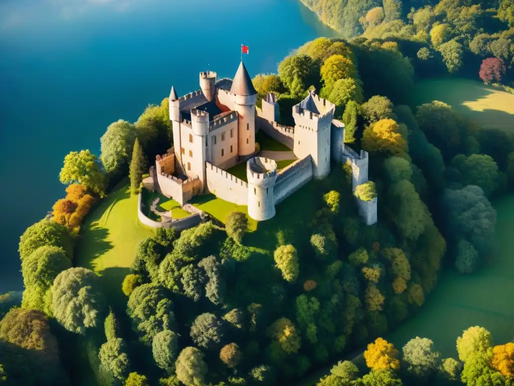 Castillo medieval en bosque: historia y armonía ambiental Castillo medieval rodeado de bosques verdes, reflejo de conservación castillos historia planeta