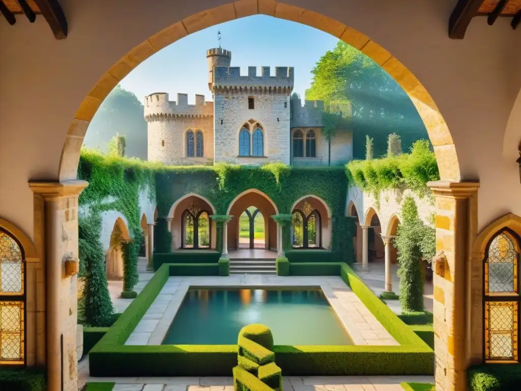 Castillo medieval: armonía entre historia y lujo moderno Un castillo medieval rodeado de vegetación, con comodidades modernas y una atmósfera cálida y lujosa
