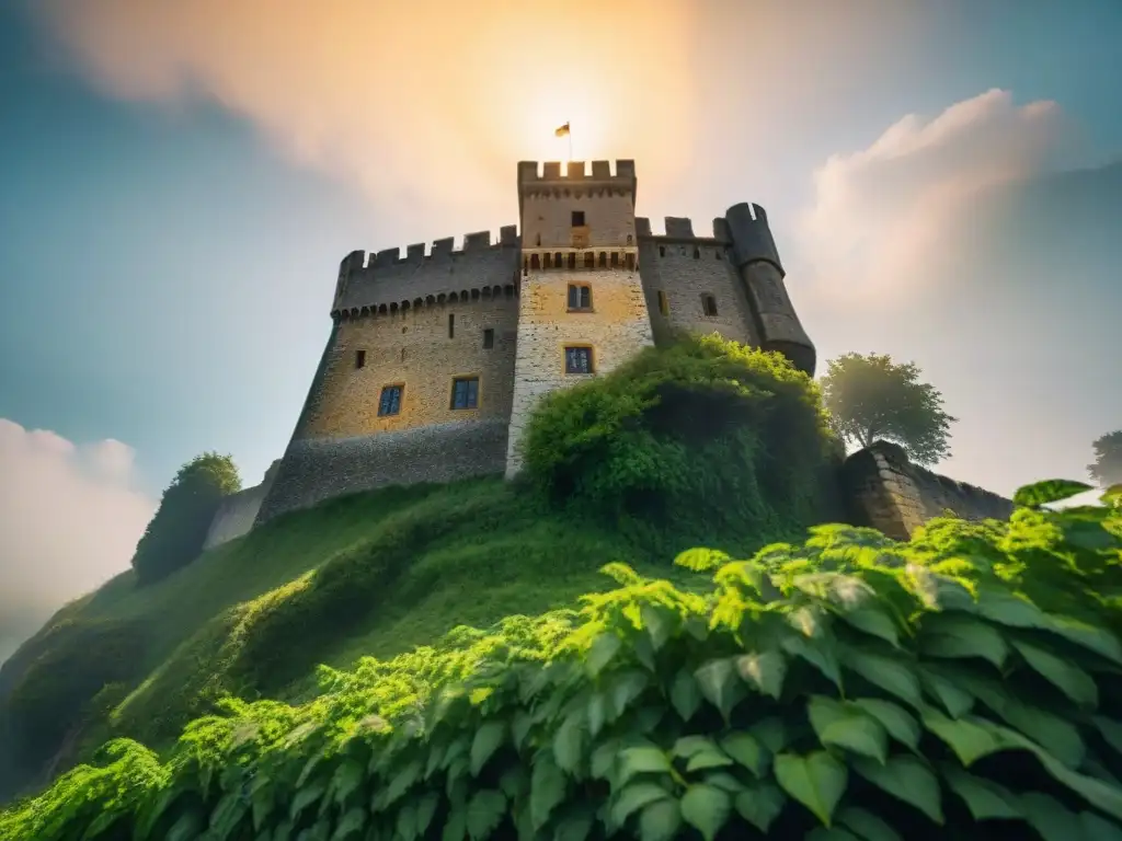 Castillo medieval: majestuosidad en la naturaleza Castillo medieval rodeado de vegetación, con detalles arquitectónicos impresionantes y aves volando
